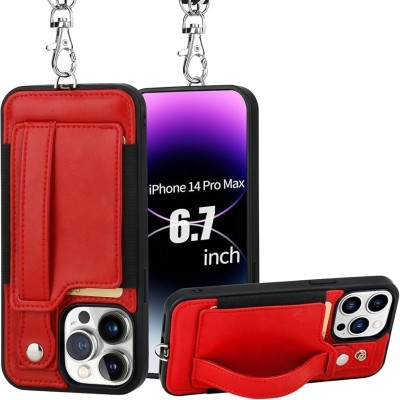 For Apple iPhone 14 PRO 6.1" Wallet Premium PU Vegan Leather ID Multiple Card Holder Money with Strap - Red