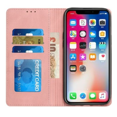 For Apple iPhone 14 PRO 6.1" Wallet Premium PU Vegan Leather ID Multiple Card Holder Money with Strap - Rose Gold