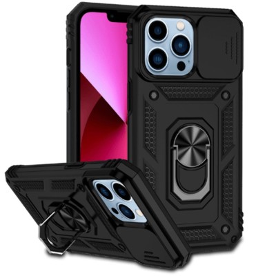 For Apple iPhone 14 PRO 6.1" Well Protective Magentic Ring Stand Camera Protective Cover Case - Black