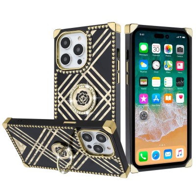 For Apple iPhone 14 PRO 6.1" SQUARE Passion Glitter Diamond Ring Stand Case Cover - BLACK CHROME D