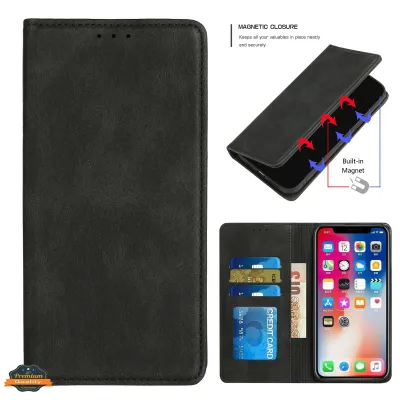 For Apple iPhone 14 PRO MAX 6.7" Wallet Premium PU Vegan Leather ID Card Money Holder with Magnetic Closure - Black