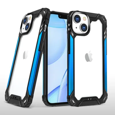 For Apple iPhone 14 PRO 6.1" Metal Frame Transparent Hybrid Case Cover - Blue