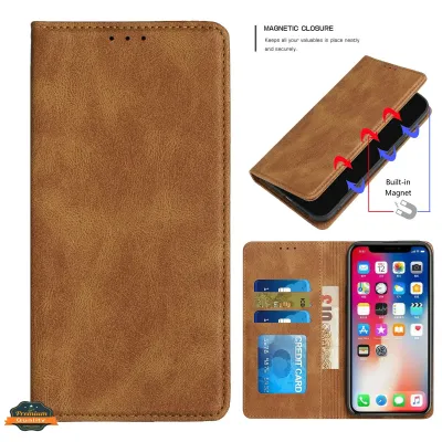 For Apple iPhone 14 PRO MAX 6.7" Wallet Premium PU Vegan Leather ID Card Money Holder with Magnetic Closure - Brown