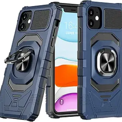 For Apple iPhone 14 PRO 6.1" Robotic Hybrid with Magnetic Ring Stand Case Cover - Dark Blue