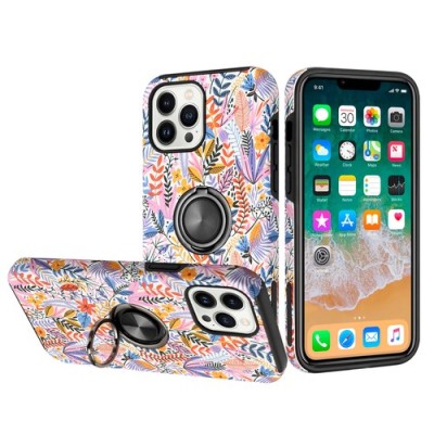 For Apple iPhone 14 PRO 6.1" Sketch Design Hybrid Magnetic Ring Sand Case Cover - E
