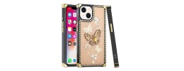 For Apple iPhone 14 PRO 6.1" Passion Square Hearts Diamond Glitter Ornaments Engraving Case Cover - Garden Butterflies Gold