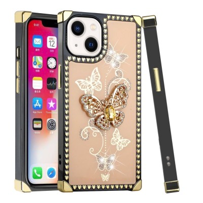 For Apple iPhone 14 PRO 6.1" Passion Square Hearts Diamond Glitter Ornaments Engraving Case Cover - Garden Butterflies Gold