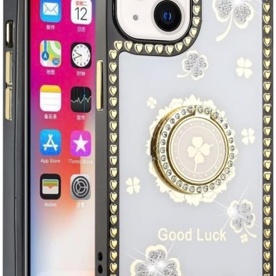 For Apple iPhone 14 PRO 6.1" SPLENDID Diamond Glitter Ornaments Engraving Case Cover - Good Luck Floral White