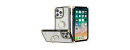 For Apple iPhone 14 PRO 6.1" SQUARE Passion Glitter Diamond Ring Stand Case Cover - Heart Design White