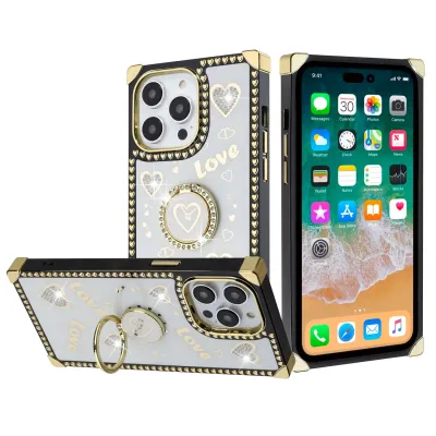 For Apple iPhone 14 PRO 6.1" SQUARE Passion Glitter Diamond Ring Stand Case Cover - Heart Design White