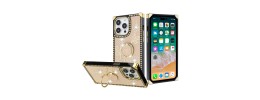 For Apple iPhone 14 PRO 6.1" Square Passion Hearts Bling Glitter Floral Ring Stand Case Cover - Gold