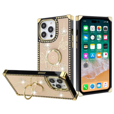 For Apple iPhone 14 PRO 6.1" Square Passion Hearts Bling Glitter Floral Ring Stand Case Cover - Gold