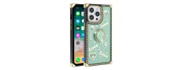 For Apple iPhone 14 PRO 6.1" Square Passion Hearts Bling Glitter Floral Ring Stand Case Cover - Teal