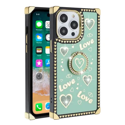 For Apple iPhone 14 PRO 6.1" Square Passion Hearts Bling Glitter Floral Ring Stand Case Cover - Teal
