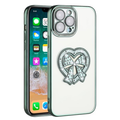 For Apple iPhone 14 PRO MAX 6.7" Chromed Logo Bling Glitter Ornaments Transparent Hybrid Case Cover - BowKnot Midnight Green