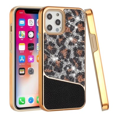 For Apple iPhone 14 PRO MAX 6.7" Bling Animal Design Glitter Hybrid Case Case - Rose Gold Leopard