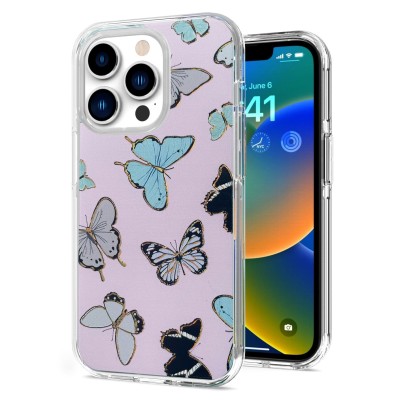 For Apple iPhone 14 PRO MAX 6.7" Bronze Gold Layer Design Hybrid Cover Case - Peaceful Butterfly Garden