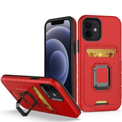 For Apple iPhone 14 PRO MAX 6.7" Card Holder with Magnetic Ring Stand Hybrid Case Cover - Red
