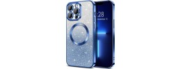 For Apple iPhone 14 PRO MAX 6.7" Chromed Logo Bling Glitter Ornaments Transparent Hybrid Case Cover - BowKnot Blue