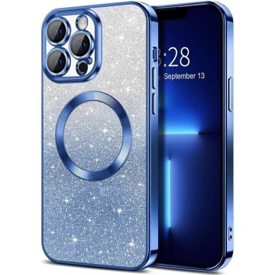 For Apple iPhone 14 PRO MAX 6.7" Chromed Logo Bling Glitter Ornaments Transparent Hybrid Case Cover - BowKnot Blue
