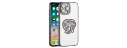 For Apple iPhone 14 PRO MAX 6.7" Chromed Logo Bling Glitter Ornaments Transparent Hybrid Case Cover - BowKnot Rose Gold
