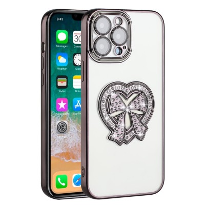 For Apple iPhone 14 PRO MAX 6.7" Chromed Logo Bling Glitter Ornaments Transparent Hybrid Case Cover - BowKnot Rose Gold