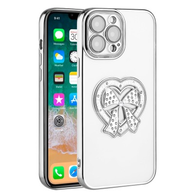 For Apple iPhone 14 PRO MAX 6.7" Chromed Logo Bling Glitter Ornaments Transparent Hybrid Case Cover - BowKnot Silver