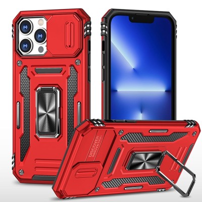 For Apple iPhone 14 PRO MAX 6.7" DISCOVER Ring Stand Hybrid With Slide Camera Cover Case - Red