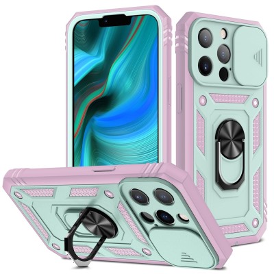 For Apple iPhone 14 PRO MAX 6.7" DISCOVER Ring Stand Hybrid With Slide Camera Cover Case - Teal/Pink