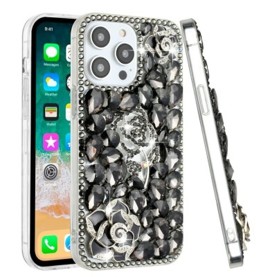 For Apple iPhone 14 PRO MAX 6.7" Diamond Bling Design Wallet With Lanyard Cover Case - Fashion Floral