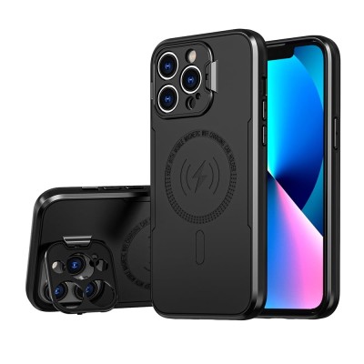 For Apple iPhone 14 PRO MAX 6.7" Flashy Diamond Leather Sticked On Hybrid with Chrome Camera Edge - Black