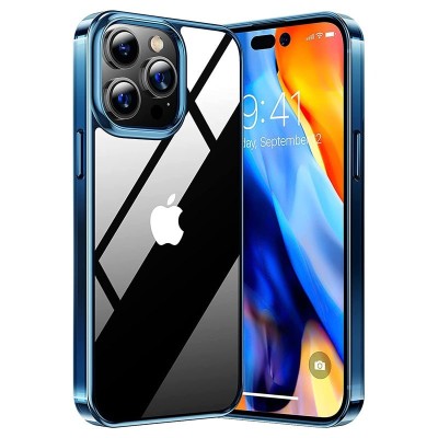 For Apple iPhone 14 PRO MAX 6.7" Flashy Diamond Leather Sticked On Hybrid with Chrome Camera Edge - Blue