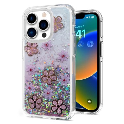 For Apple iPhone 14 PRO MAX 6.7" Floral Epoxy Glitter Colorful Frame Hybrid Case Cover - C