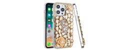 For Apple iPhone 14 PRO MAX 6.7" Floral Full Diamond Bling Case Cover - Gold