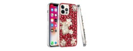 For Apple iPhone 14 PRO MAX 6.7" Full Diamond with Ornaments Case Cover - Pearl Flowers with Perfume Red