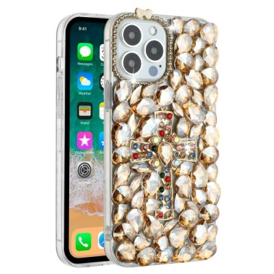 For Apple iPhone 14 PRO MAX 6.7" Full Diamond with Ornaments Hard TPU Case Cover - Silver Panda Floral