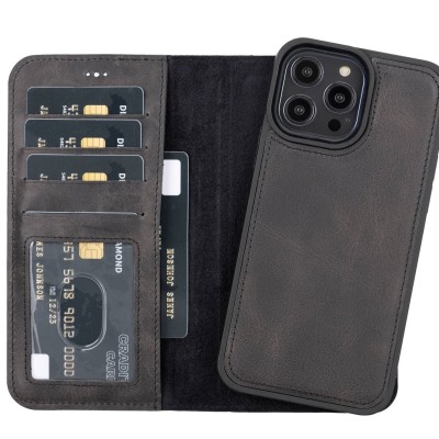 For Apple iPhone 14 PRO MAX 6.7" Multi-Functional Cards Slot Wrist Strap Vegan Leather Case Cover - Black