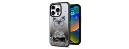 For Apple iPhone 14 PRO MAX 6.7" Happy Glitter Epoxy Smile Butterfly Ornaments Hybrid Case Cover - Black
