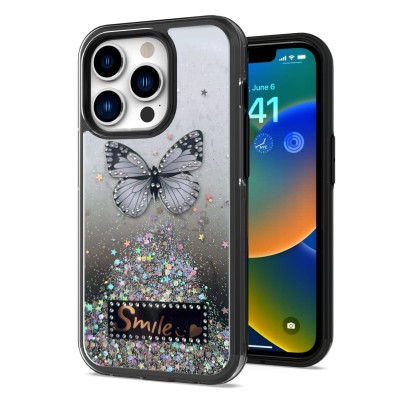 For Apple iPhone 14 PRO MAX 6.7" Happy Glitter Epoxy Smile Butterfly Ornaments Hybrid Case Cover - Black