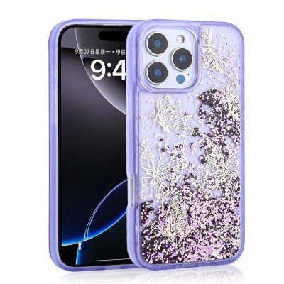 For Apple iPhone 14 PRO MAX 6.7" Happy Glitter Epoxy Smile Butterfly Ornaments Hybrid Case Cover - Dark Purple