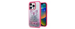 For Apple iPhone 14 PRO MAX 6.7" Happy Glitter Epoxy Smile Butterfly Ornaments Hybrid Case Cover - Hot Pink