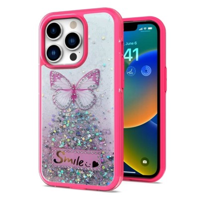 For Apple iPhone 14 PRO MAX 6.7" Happy Glitter Epoxy Smile Butterfly Ornaments Hybrid Case Cover - Hot Pink