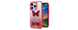 For Apple iPhone 14 PRO MAX 6.7" Happy Glitter Epoxy Smile Butterfly Ornaments Hybrid Case Cover - Red