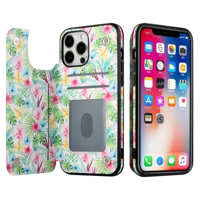 For Apple iPhone 14 PRO MAX 6.7" Luxury Side Magnetic Button Card ID Holder PU Leather Case Cover - Foral E