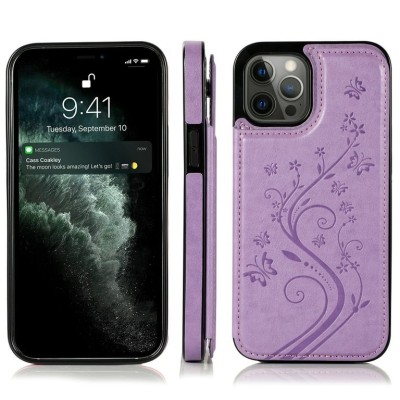 For Apple iPhone 14 PRO MAX 6.7" Luxury Side Magnetic Button Card ID Holder PU Leather Case Cover - Light Purple Butterfly Swirl