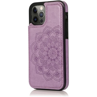 For Apple iPhone 14 PRO MAX 6.7" Luxury Side Magnetic Button Card ID Holder PU Leather Case Cover - Light Purple Mandala Flower