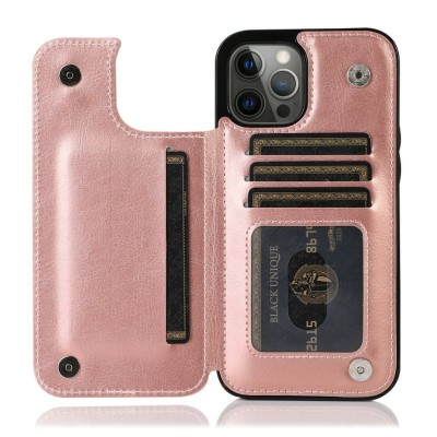 For Apple iPhone 14 PRO MAX 6.7" Luxury Side Magnetic Button Card ID Holder PU Leather Case Cover - Rose Gold