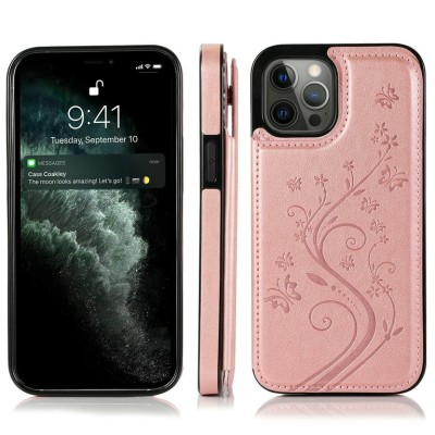 For Apple iPhone 14 PRO MAX 6.7" Luxury Side Magnetic Button Card ID Holder PU Leather Case Cover - Rose Gold Mandala Flower