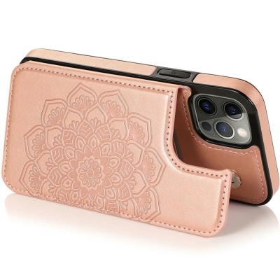 For Apple iPhone 14 PRO MAX 6.7" Luxury Side Magnetic Button Card ID Holder PU Leather Case Cover - Teal Mandala Flower