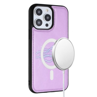 For Apple iPhone 14 PRO MAX 6.7" Magnetic Ring Compatible Deattachable PU Leather Hybrid Wallet Money Card Holder with Lanyard - Bright Purple